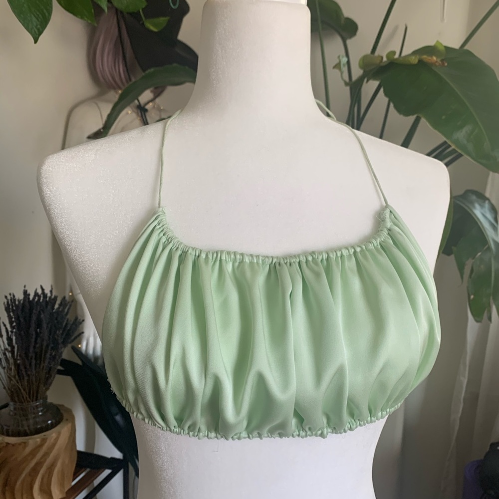 HANDMADE SILK MINT RUCHED HALTER BRA TOP AREYOUAMI